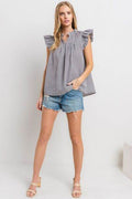 Ces Femme Plaid Notched Ruffled Cap Sleeve Blouse - Hovatok