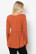 Be Stage Full Size Texture Babydoll Round Neck Long Sleeve Knit Top - Hovatok