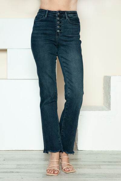 Judy Blue Full Size Button Fly Hem Destroy Straight Jeans - Hovatok