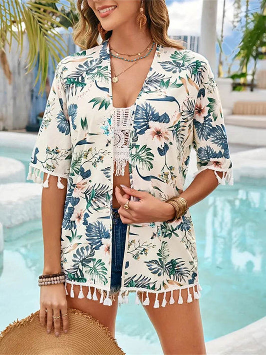 Tassel Printed Open Front Half Sleeve Cover-Up - Hovatok