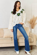 POL Floral Embroidered Pattern V-Neck Sweater - Hovatok