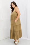 Zenana Full Size Spaghetti Strap Tiered Dress with Pockets in Khaki - Hovatok