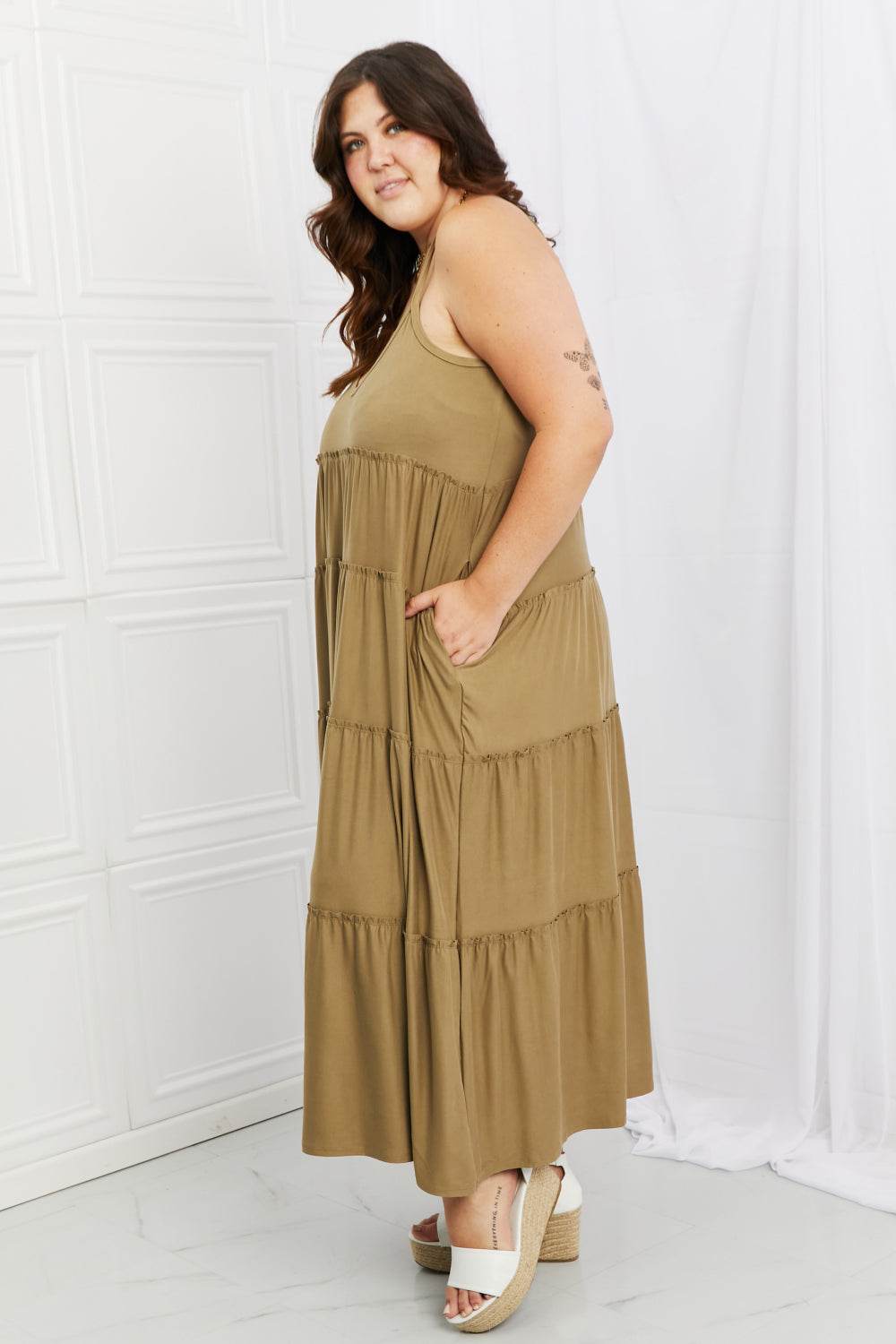 Zenana Full Size Spaghetti Strap Tiered Dress with Pockets in Khaki - Hovatok