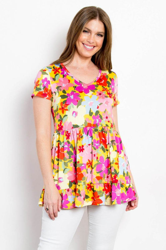 Be Stage Full Size Floral Wrinkle Free Ruffled Blouse - Hovatok