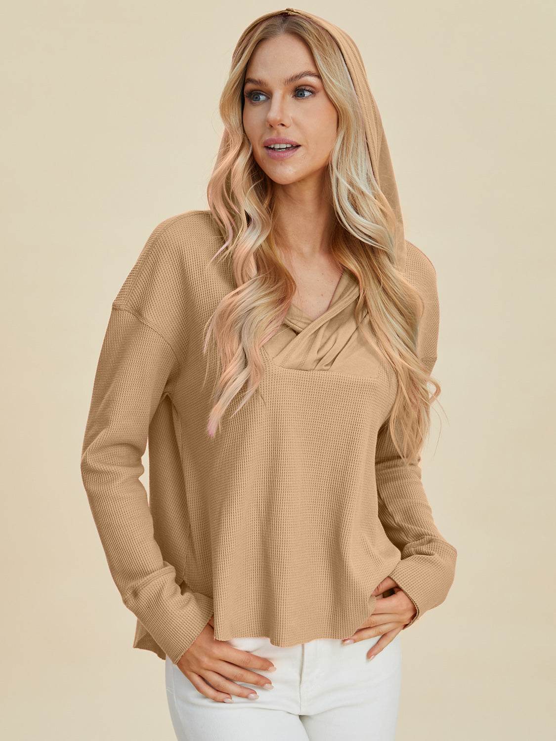 Double Take Full Size High-Low Dropped Shoulder Long Sleeve Hoodie - Hovatok
