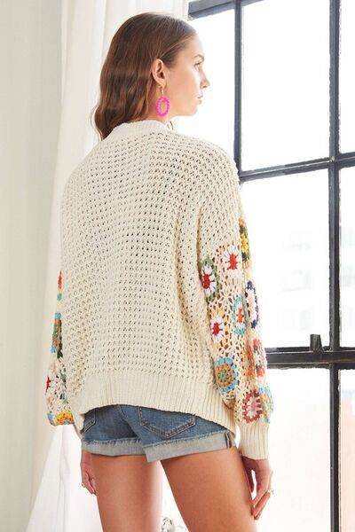 ADORA Full Size Contrast Crochet Open Front Long Sleeve Cardigan - Hovatok