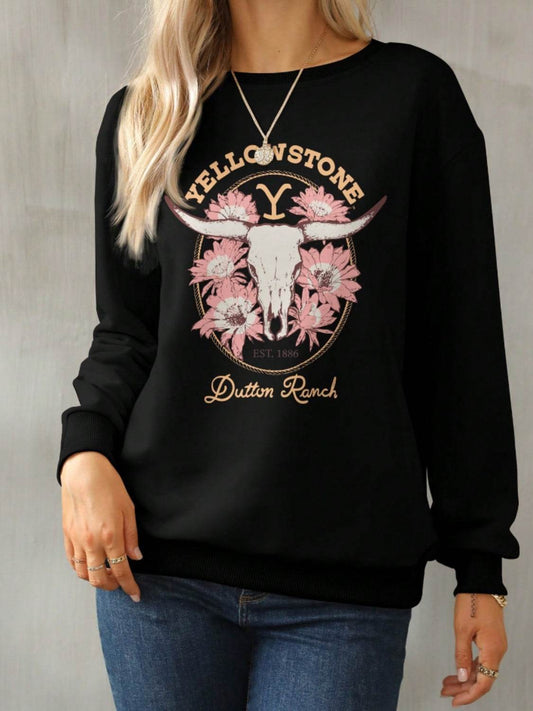 Graphic Round Neck Long Sleeve Sweatshirt - Hovatok