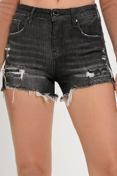 RISEN Full Size Mid Rise Raw Hem Denim Shorts - Hovatok