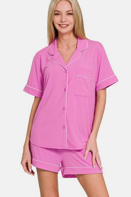 Zenana Button Down Short Sleeve Top and Shorts Lounge Set - Hovatok