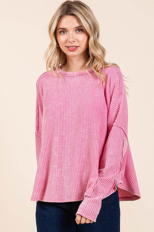 Mittoshop Waffle-Knit Exposed Seam Round Neck Top - Hovatok