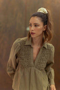Annie Wear Smocked Front Long Sleeve Babydoll Blouse - Hovatok
