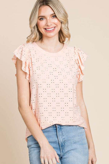 Culture Code Eyelet Round Neck Ruffled Cap Sleeve Top - Hovatok