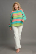 Umgee Full Size Color Block Cable Knit Sweater with Pom Pom Plus Size - Hovatok