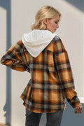 Double Take Drawstring Plaid Long Sleeve Hooded Shacket - Hovatok