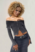 Double Take Ribbed Off-Shoulder Zip Up Long Sleeve Cardigan - Hovatok