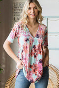 Heimish Full Size Floral V-Neck Short Sleeve Babydoll Blouse - Hovatok