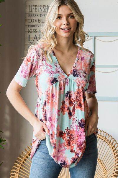 Heimish Full Size Floral V-Neck Short Sleeve Babydoll Blouse - Hovatok