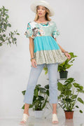 Celeste Printed Color Block Ruffled Short Sleeve Top - Hovatok