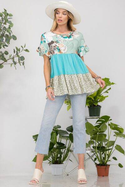 Celeste Printed Color Block Ruffled Short Sleeve Top - Hovatok