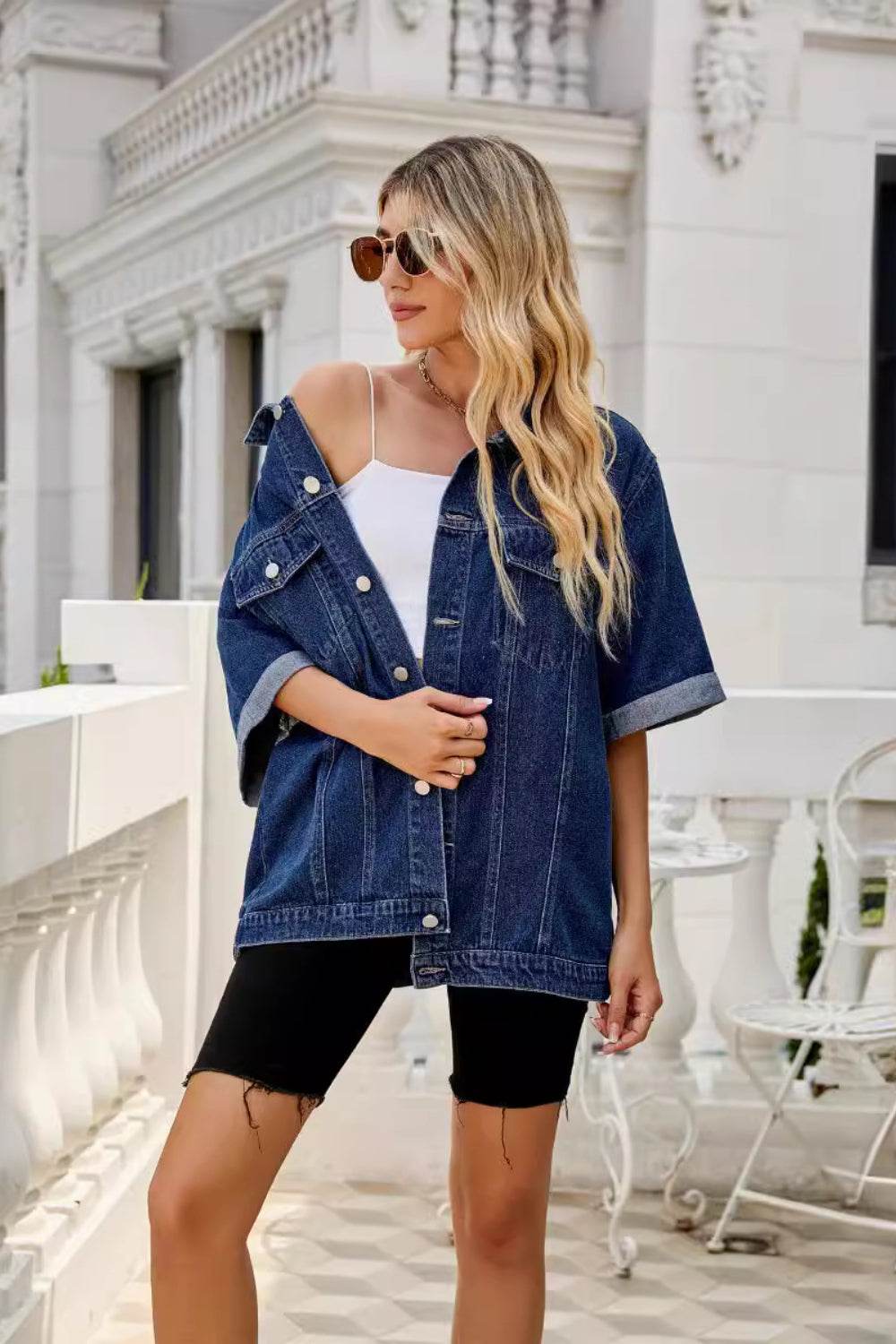 Button Down Half Sleeve Denim Jacket - Hovatok