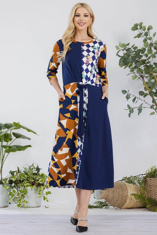 Celeste Full Size Multi Pattern Front Tie Midi Dress Plus Size - Hovatok