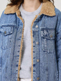 Button Up Collared Neck Plush Denim Jacket - Hovatok