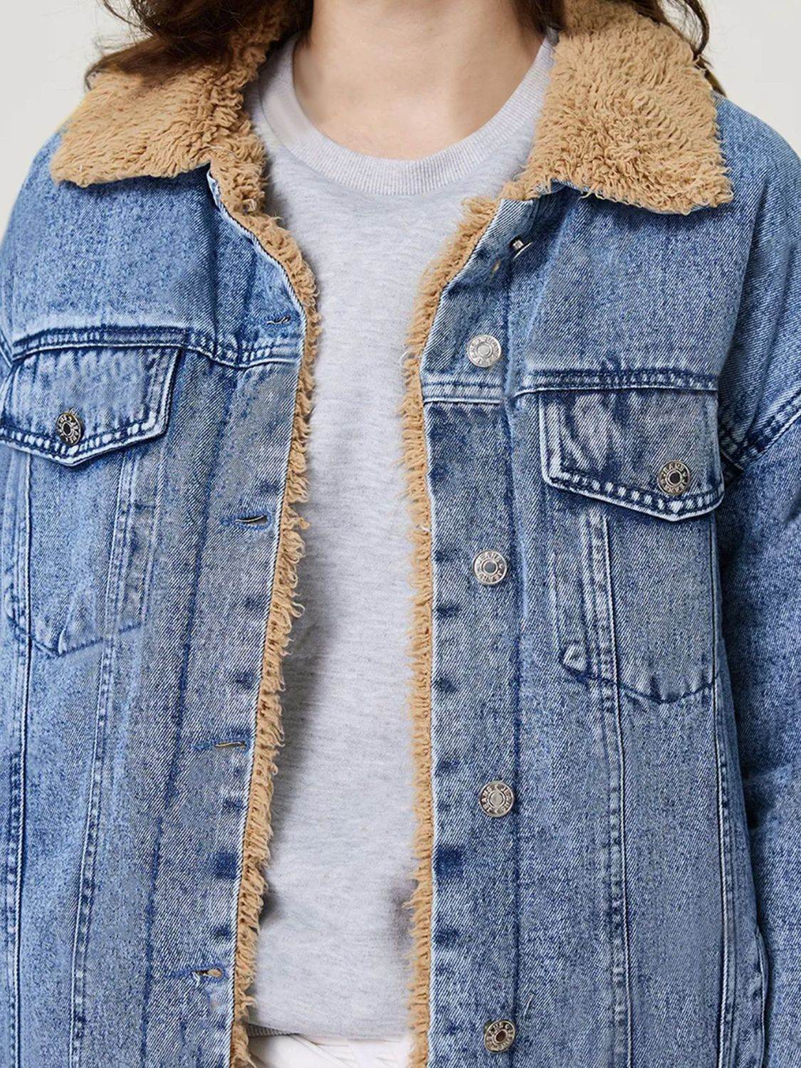 Button Up Collared Neck Plush Denim Jacket - Hovatok