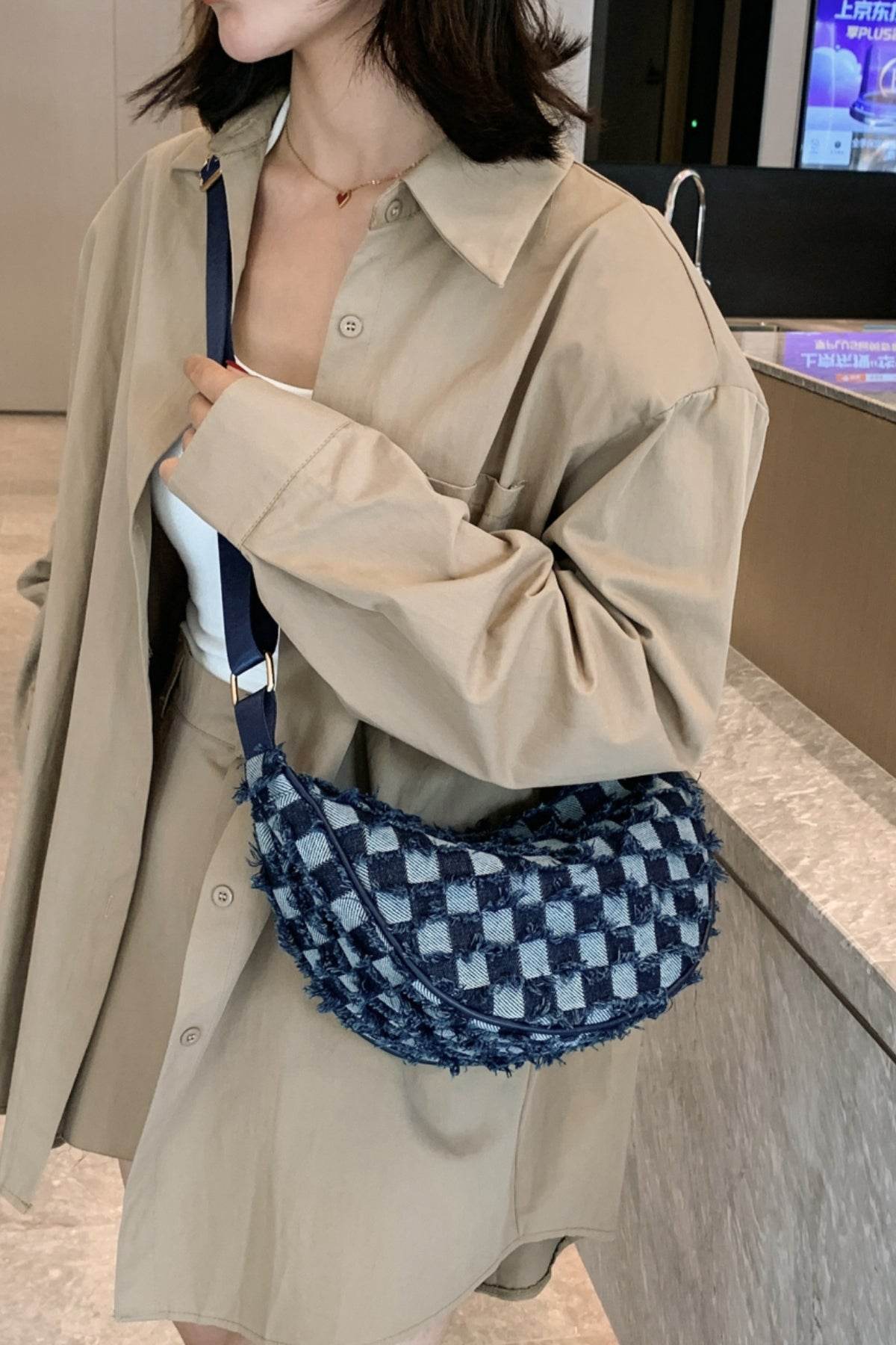 Raw Hem Checkered Denim Crossbody Bag - Hovatok