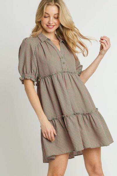Umgee Full Size Plaid Frill Button Detail Ruffled Short Sleeve Dress Plus Size - Hovatok