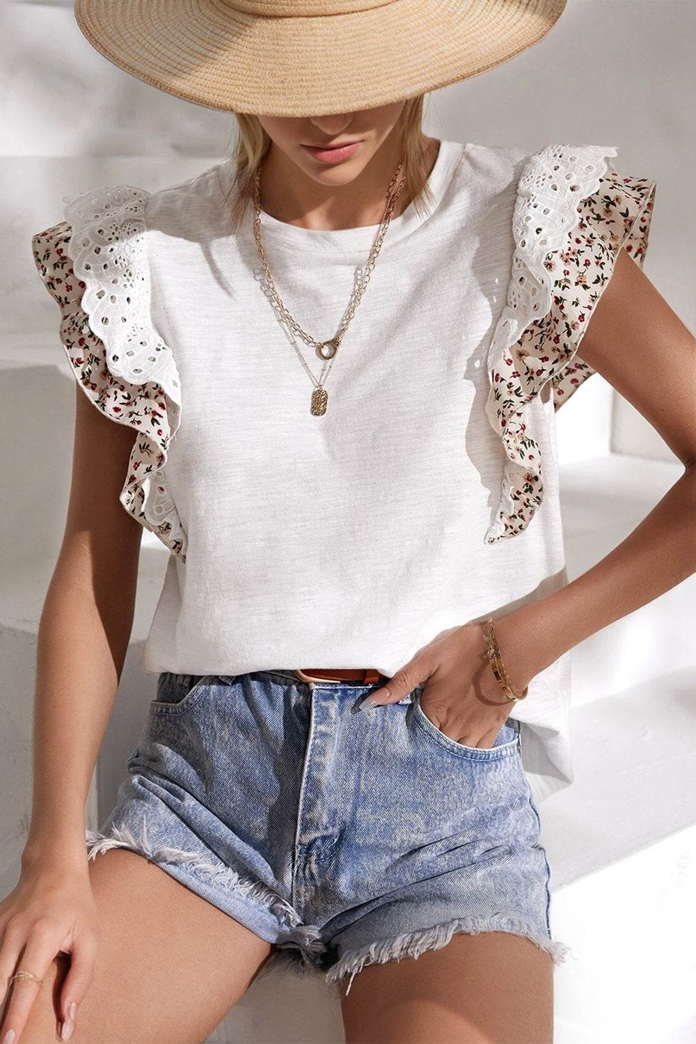 Oh Full Size Ruffled Round Neck Cap Sleeve Top - Hovatok