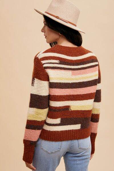 Annie Wear Color Block Round Neck Long Sleeve Sweater - Hovatok