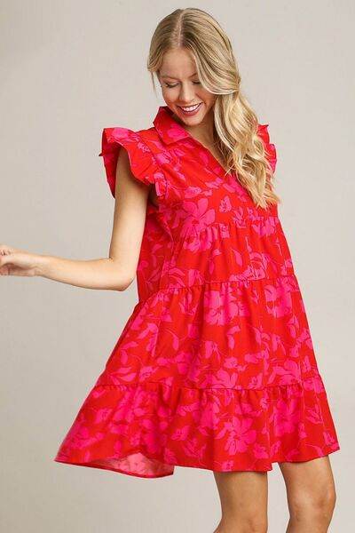 Umgee Full Size Floral Print Ruffle Cap Sleeve Tiered Dress Plus Size - Hovatok