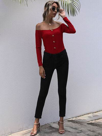 Perfee Decorative Button Off-Shoulder Long Sleeve Bodysuit - Hovatok