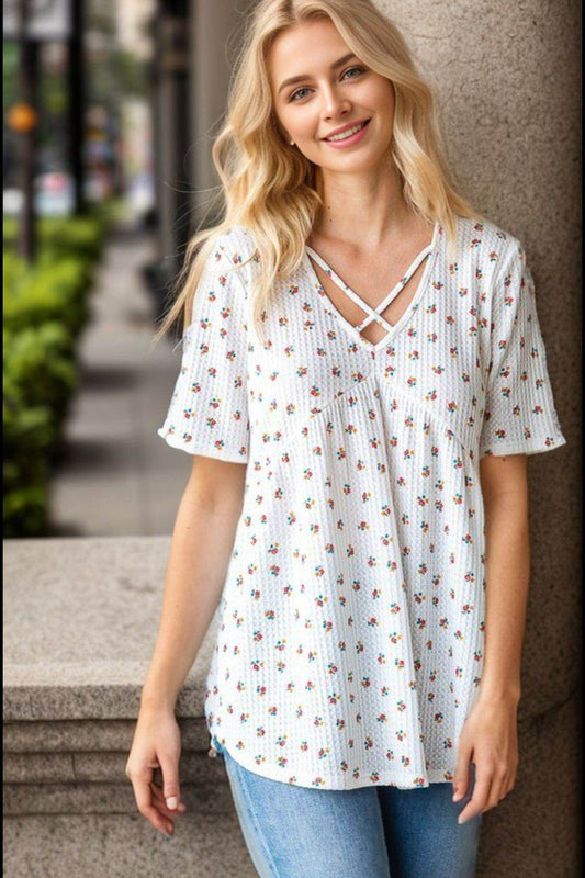 Heimish Full Size Crisscross Ditsy Floral Babydoll Top Plus Size - Hovatok