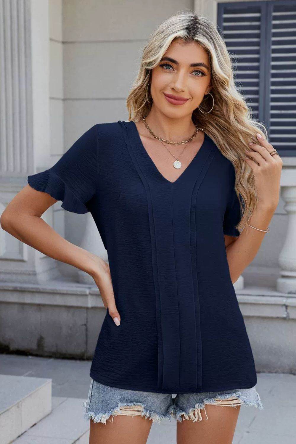 Ruffled V-Neck Short Sleeve Blouse - Hovatok