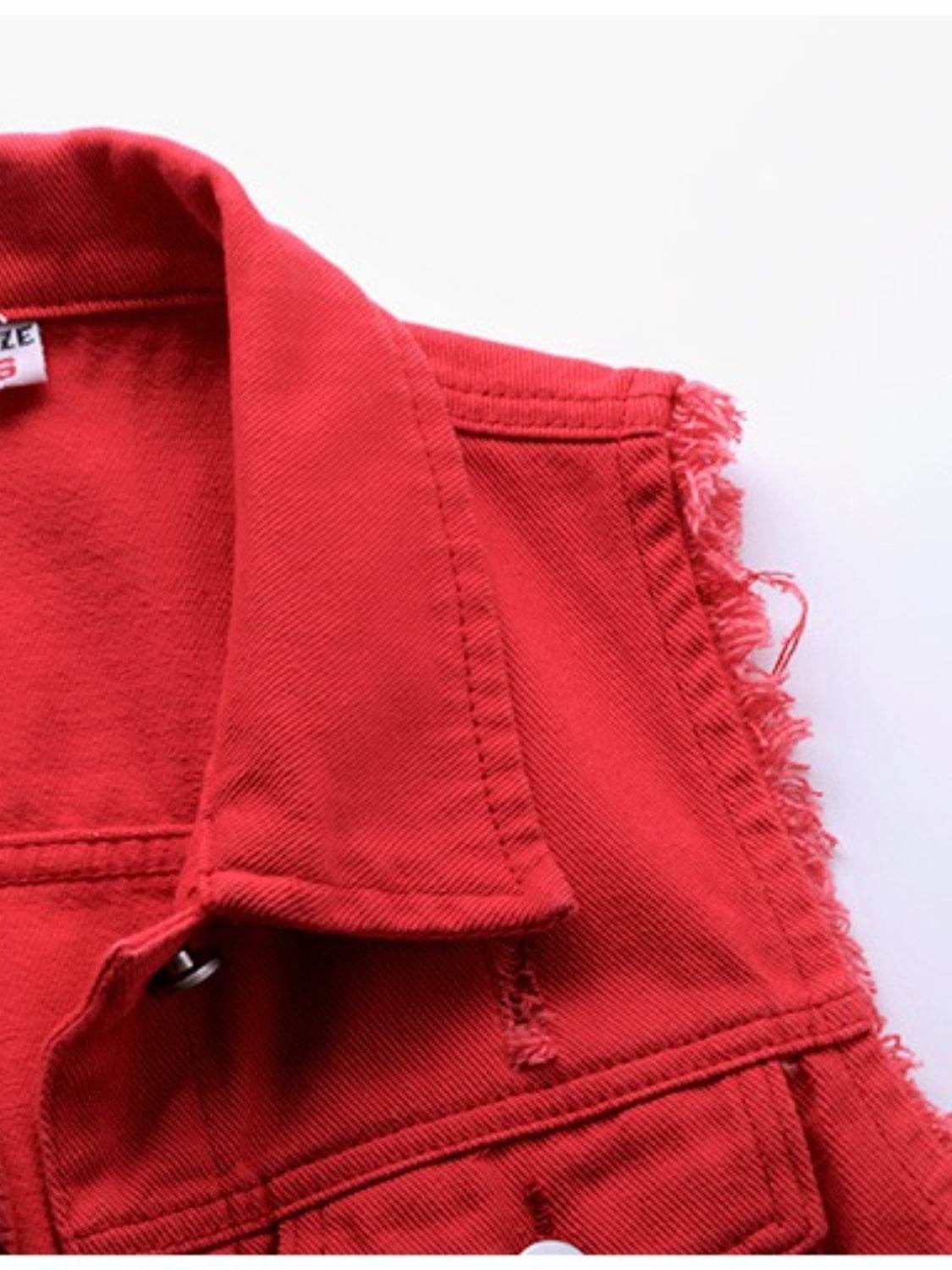 Full Size Button Down Raw Hem Sleeveless Denim Jacket Plus Size - Hovatok