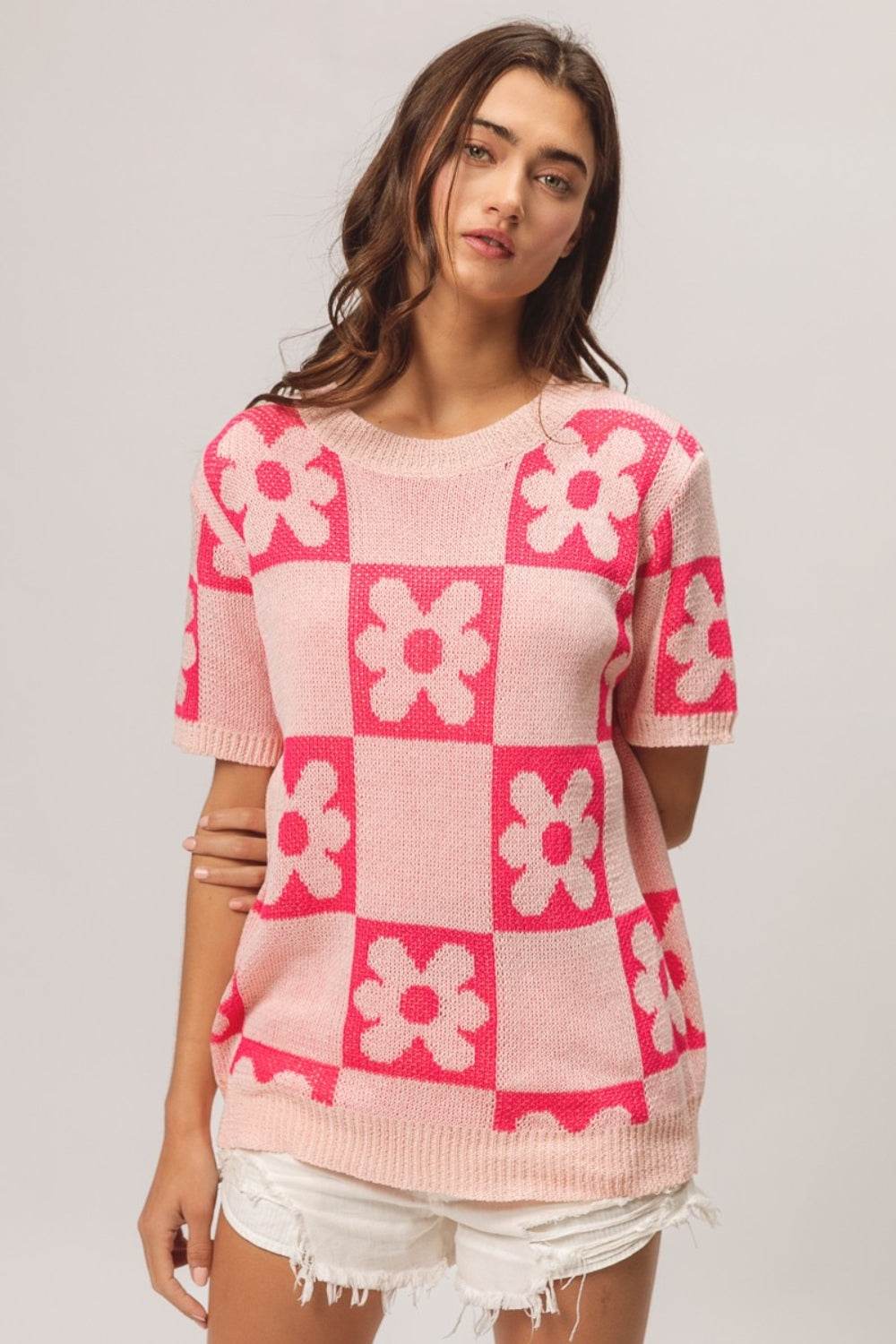 BiBi Flower Checker Pattern Short Sleeve Sweater - Hovatok
