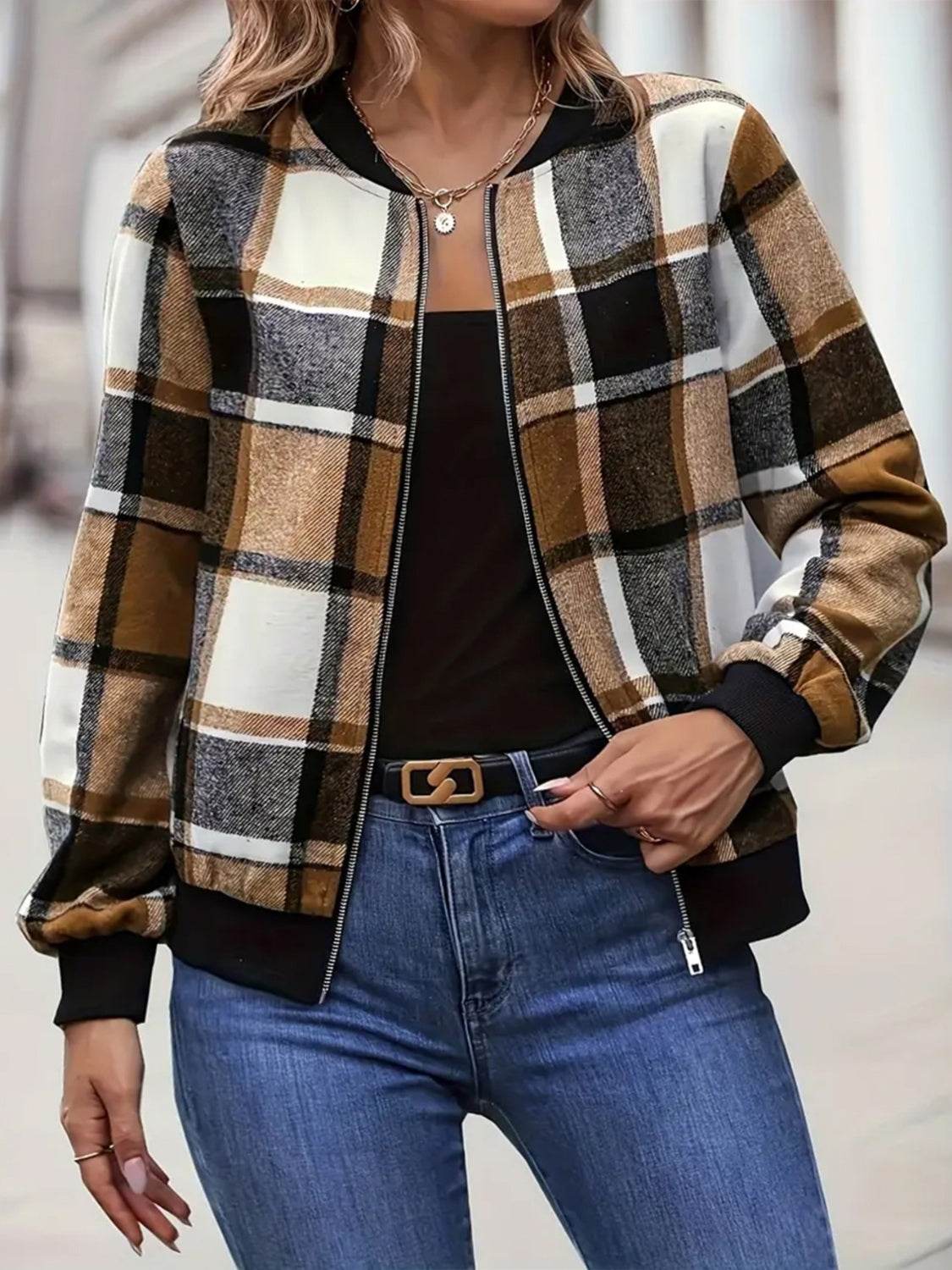 Plus Size Plaid Baseball Collar Zip Up Jacket - Hovatok
