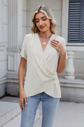 Solid Color Surplice Short Sleeve Blouse - Hovatok