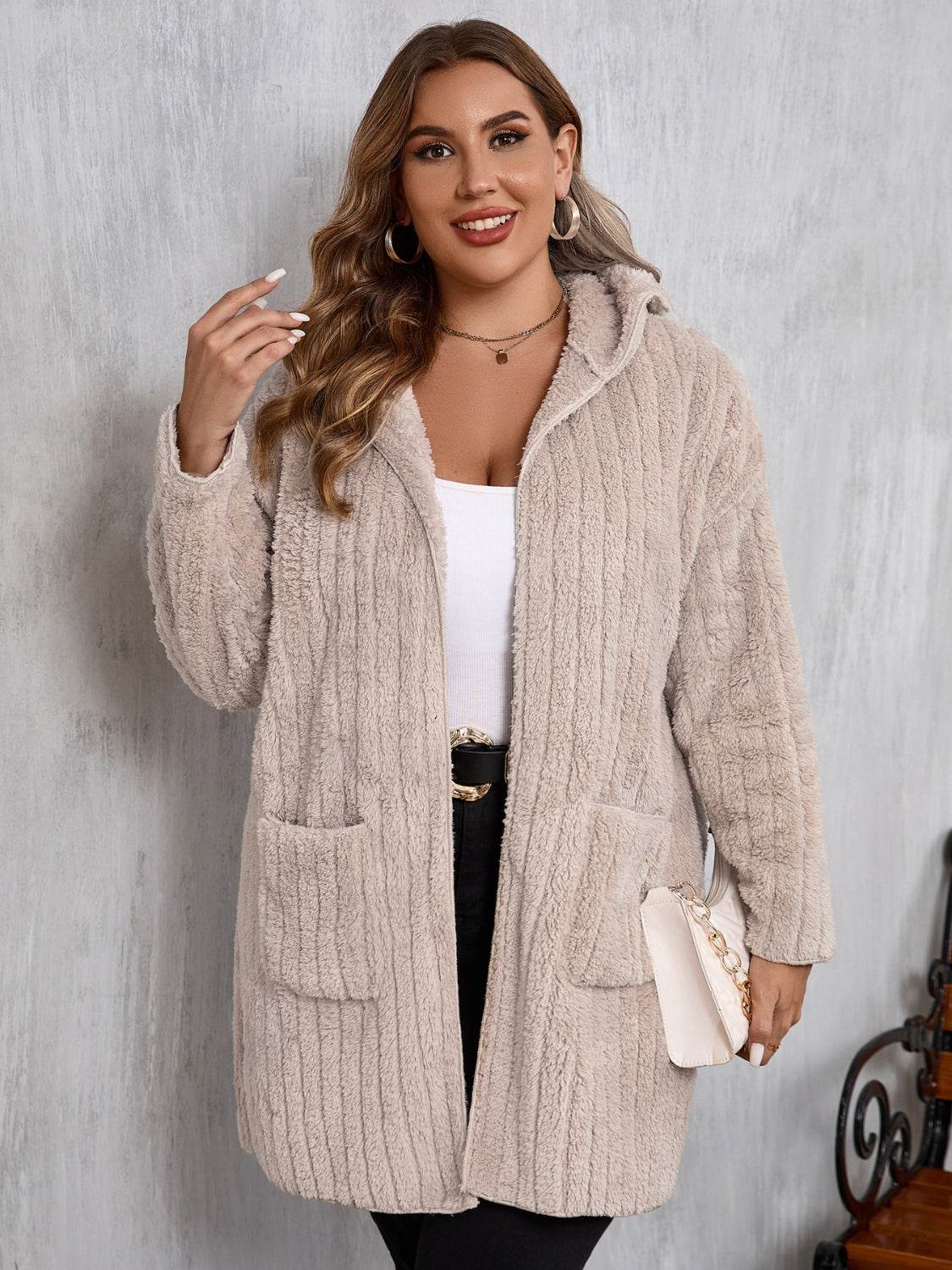 Plus Size Open Front Long Sleeve Hooded Fuzzy Jacket - Hovatok