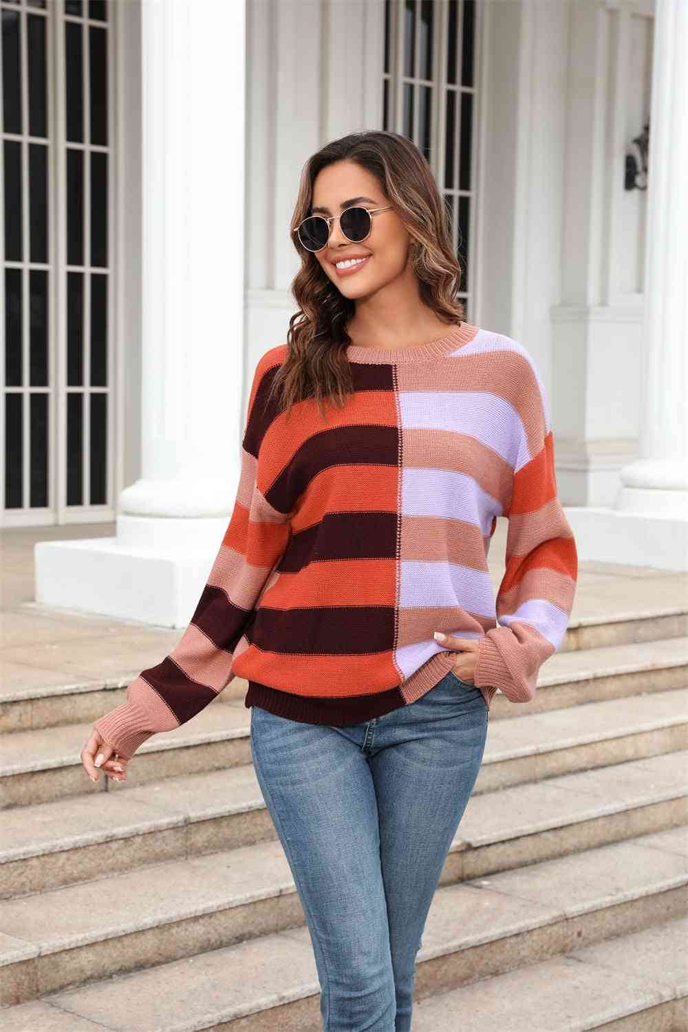 Angel Wings Round Neck Long Sleeve Color Block Dropped Shoulder Pullover Sweater - Hovatok