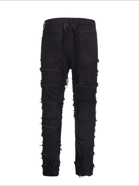 Men's Washed Distressed Panelled Jeans - Hovatok