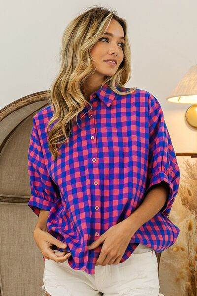 BiBi Plaid Button Up Dolman Sleeve Shirt - Hovatok