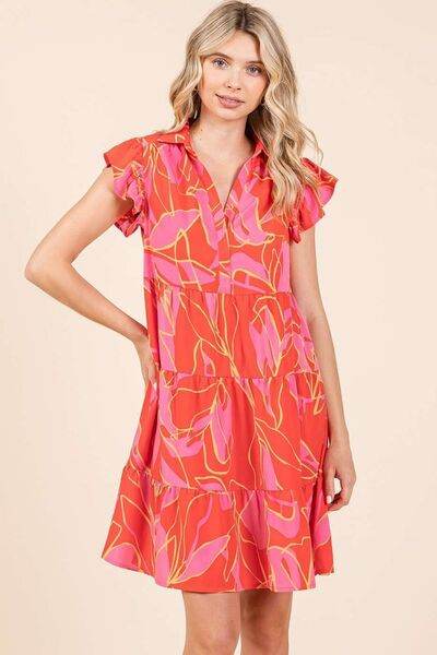 Mittoshop Leaf Print Ruffle Sleeve Tiered Mini Dress - Hovatok