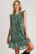 Umgee Full Size Smocked Detail Floral Metallic Ruffle Cap Sleeve Dress Plus Size - Hovatok