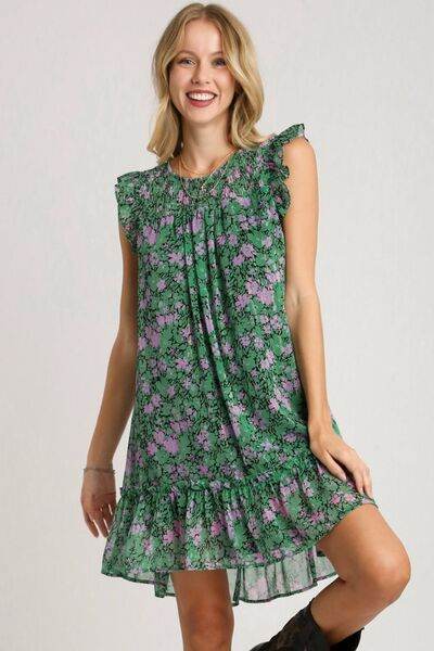 Umgee Full Size Smocked Detail Floral Metallic Ruffle Cap Sleeve Dress Plus Size - Hovatok