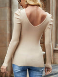 Ribbed V-Neck Puff Sleeve Sweater - Hovatok