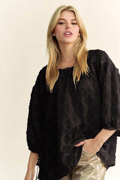 Davi & Dani Tied Round Neck Mesh Blouse - Hovatok