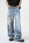 Mid Rise Graffiti Print Distressed Wide Leg Jeans - Hovatok