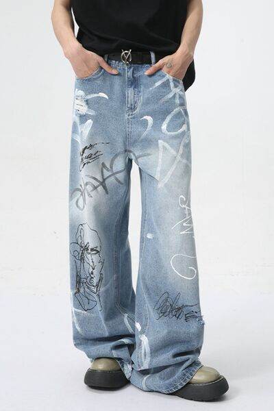 Mid Rise Graffiti Print Distressed Wide Leg Jeans - Hovatok